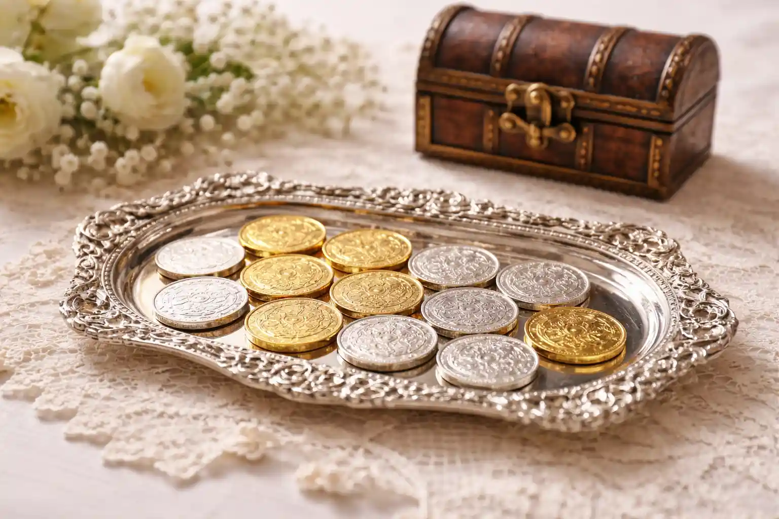 Traditionelle Arras auf einem Spitzen-Tischset bei einer andalusischen Hochzeit