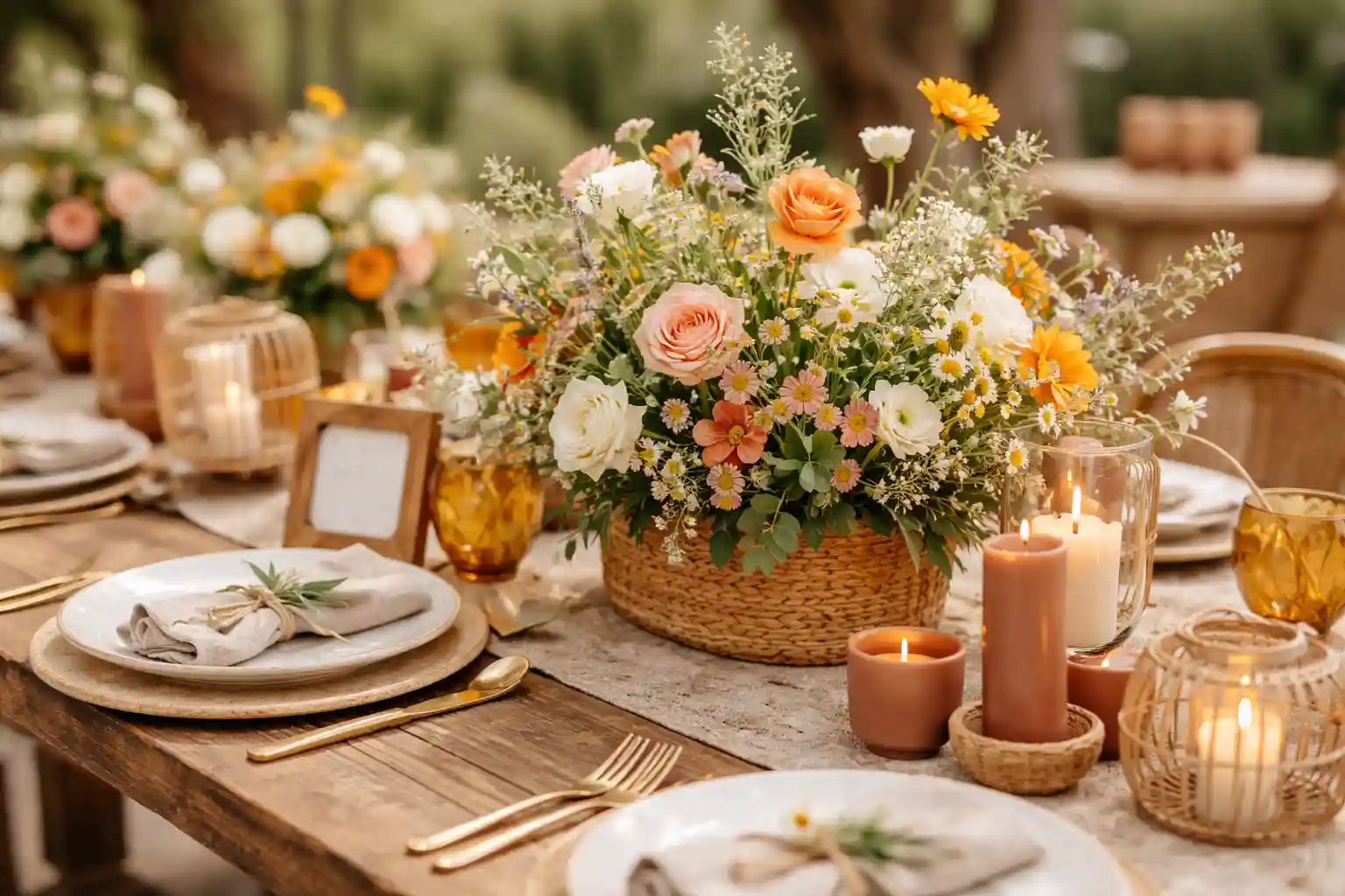 Nachhaltige Dekoration für eine Hochzeit in Andalusien mit saisonalen Blumen und handwerklichen Details.