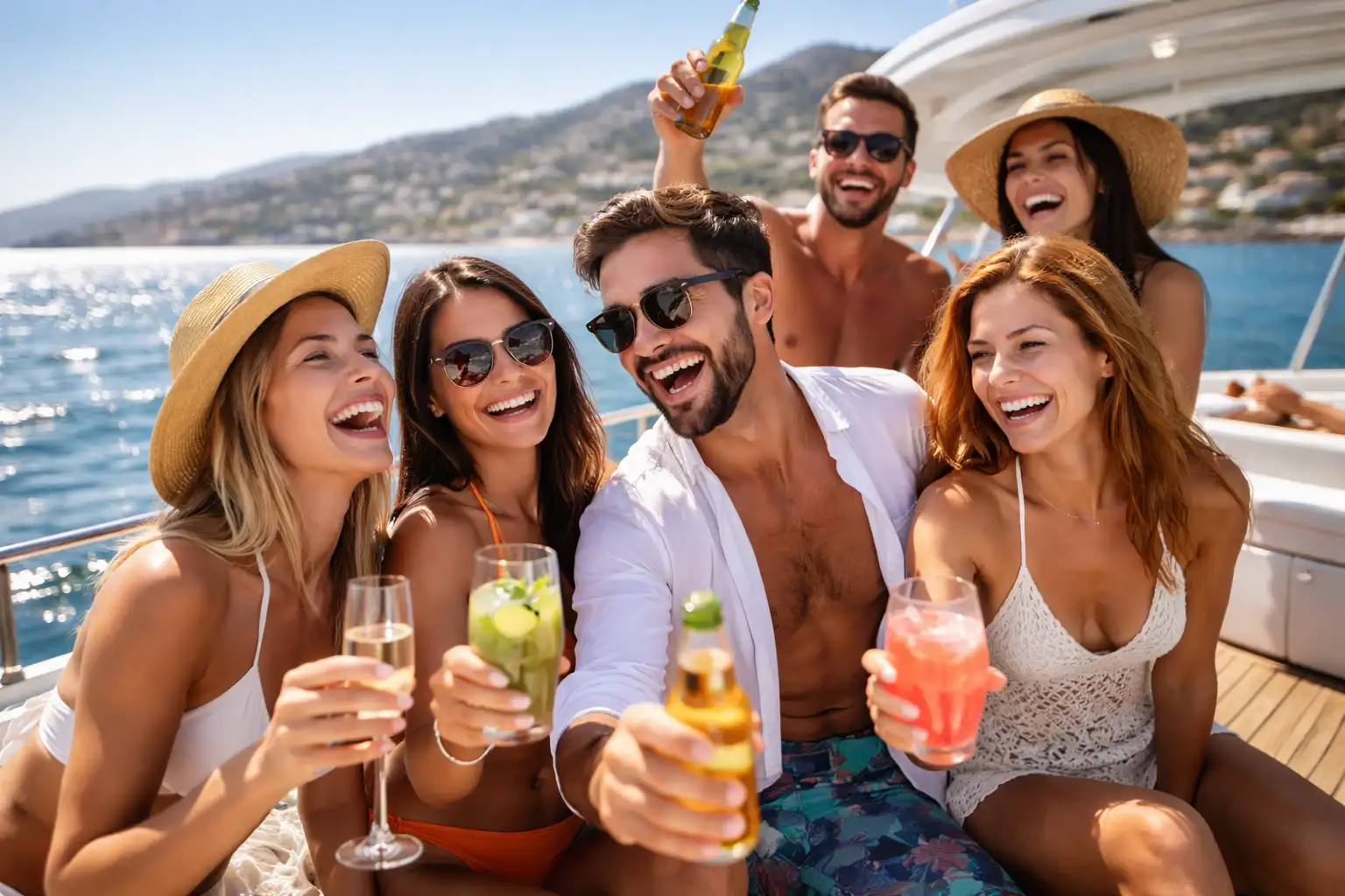 Gruppe genießt eine Bootstour bei einem Junggesellenabschied an der andalusischen Küste