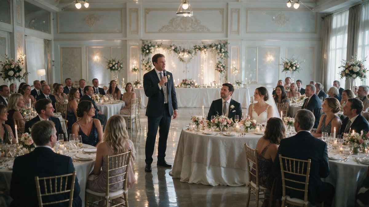 Padrino giving a speech at a Spanish wedding reception